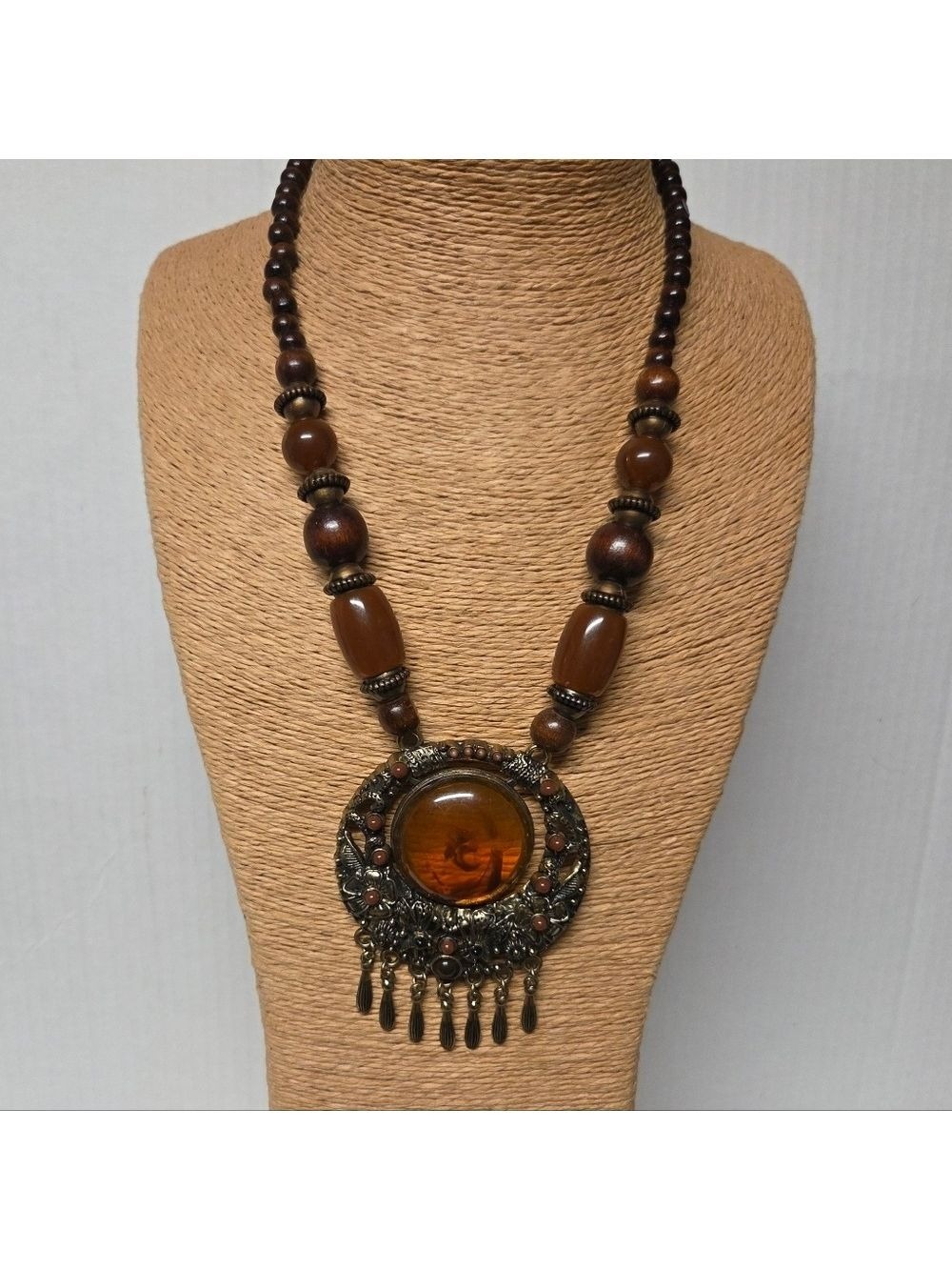 Vintage ZY Indian-style Ethnic Faux Amber Statement Necklace